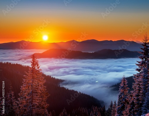 Colorful winter sunrise in the foggy mountains