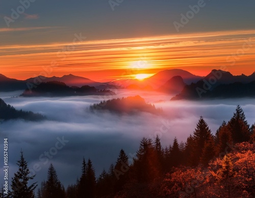 Colorful winter sunrise in the foggy mountains