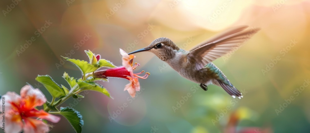 Naklejka premium A hummingbird hovers delicately near a vibrant flower, wings blurred in motion, as golden sunlight envelopes the serene garden scene.