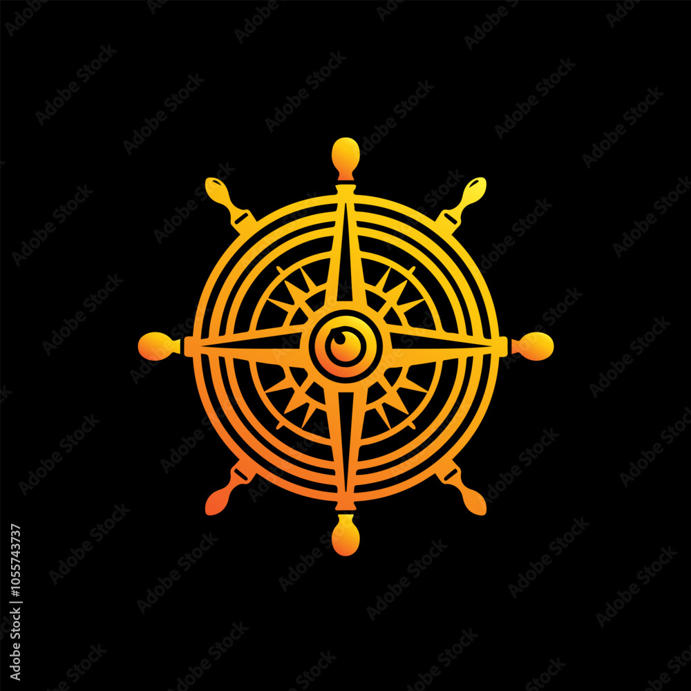 Obraz premium ship steering wheel with golden compass 