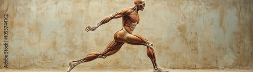 Anatomical breakdown of the muscular system, fullbody, labeled muscles in a dynamic pose, clean background, clinical precision, bright lighting photo