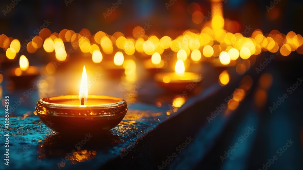 Close-up of oil lamps glowing on a temple step, warm and sacred Festival of Lights Close-up of oil lamps glowing on a temple step, warm and sacred Festival of Lights