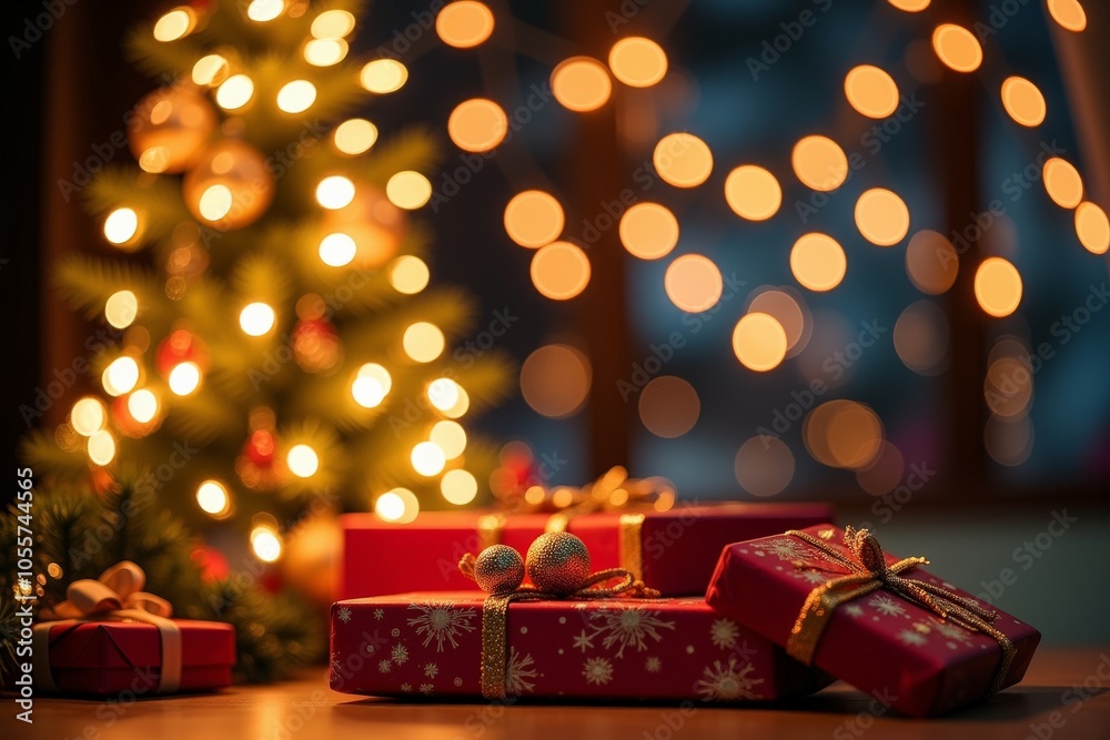 Festive holiday gift wrapping with christmas tree and warm lights Festive holiday gift wrapping with christmas tree and warm lights