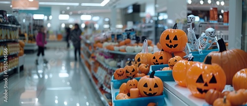 An inviting store aisle adorned with cheerful Halloween pumpkins and playful skeletons; a lively and festive retail space ready for the spooky season. photo