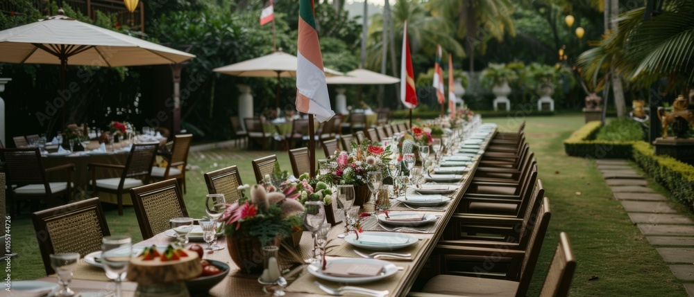 A long dining table set elegantly for a garden celebration, bordered by lush plants and cheerful flags, exuding festivity and warmth. A long dining table set elegantly for a garden celebration, bordered by lush plants and cheerful flags, exuding festivity and warmth.