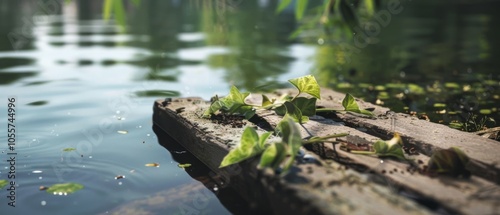 Ivy clings to a rustic wooden surface reflected in rippling water, capturing the gentle interplay between nature and texture in a serene setting.