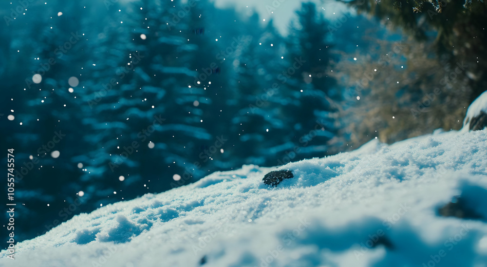 A serene winter landscape with falling snow and evergreen trees in the background.