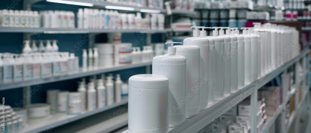 Shelves lined with sleek white bottles in a store display a wide variety of toiletries, emphasizing cleanliness and minimalism. Shelves lined with sleek white bottles in a store display a wide variety of toiletries, emphasizing cleanliness and minimalism.