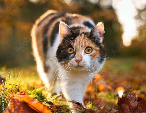 Beautiful kitty sitting on the autumn tree