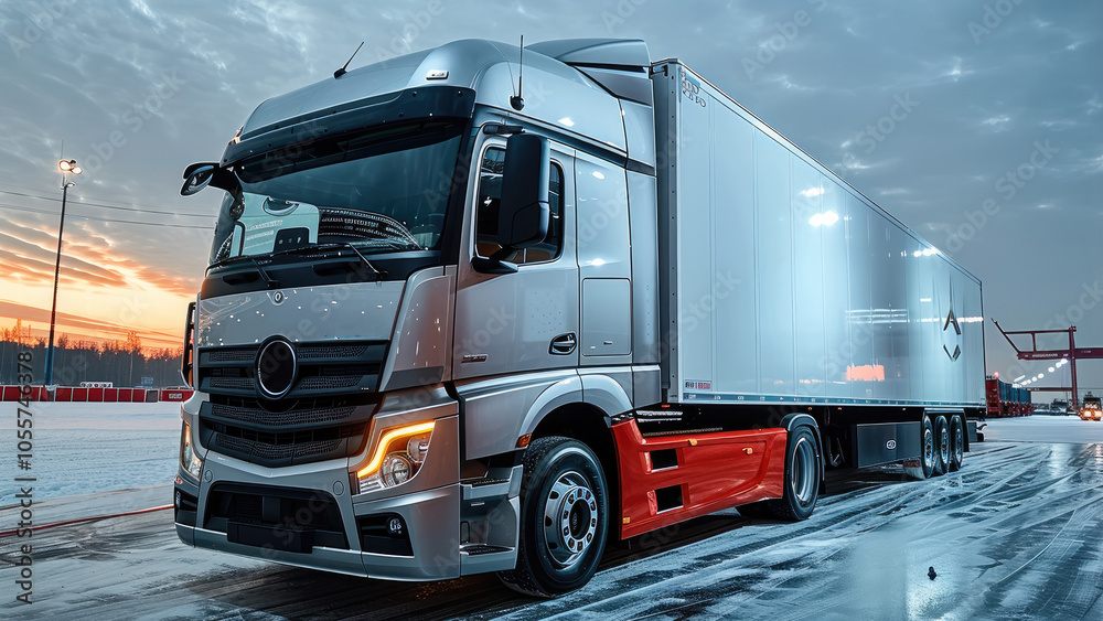 Truck EV. Futuristic truck in a sustainable logistics Hub. Truck EV. Futuristic truck in a sustainable logistics Hub.