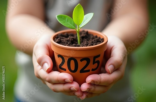 Hands holding a potted plant with the year 2025 on it.