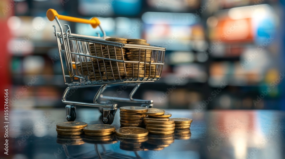 A Shopping Cart Completely Filled with Coins Resting on a Smooth Reflective Surface That Captivates Attention A Shopping Cart Completely Filled with Coins Resting on a Smooth Reflective Surface That Captivates Attention