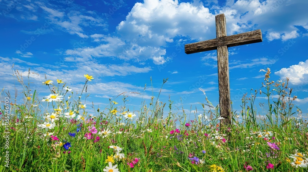 Rustic Wooden Cross in a Colorful Flower Field Rustic Wooden Cross in a Colorful Flower Field