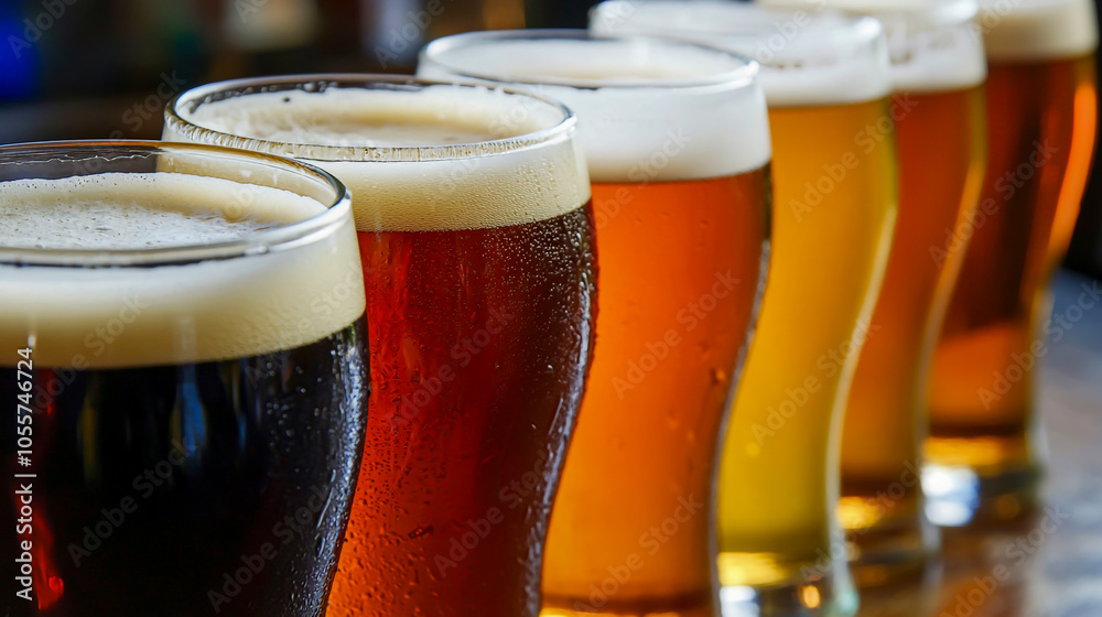 Close-up of glasses of beer, showcasing various types and colors, capturing the refreshing essence of a cold drink.