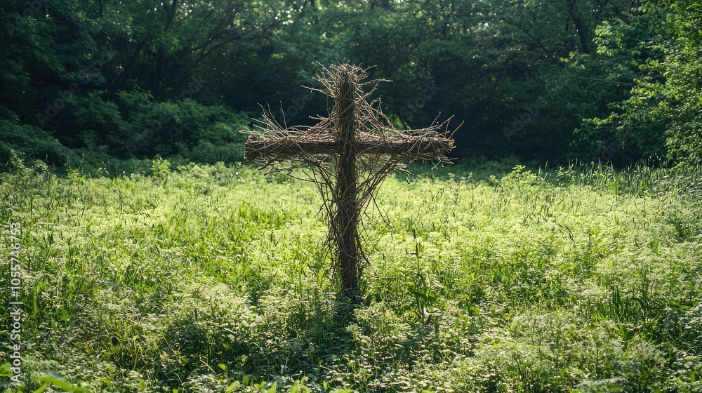 Fototapeta premium Rustic Cross Made of Branches in Serene Meadow
