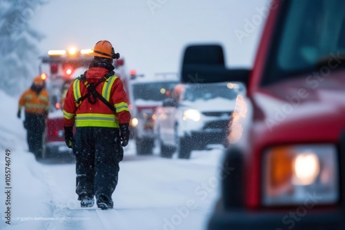 Wallpaper Mural Rescue workers assisting vehicles in heavy snow on a winter road. Torontodigital.ca