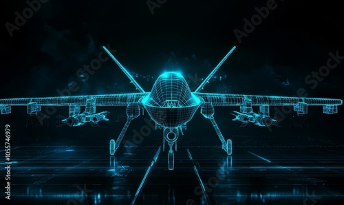 Wireframe drone on runway, blue glow.
