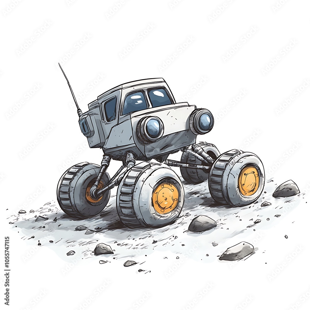 A cartoon lunar rover driving on the moon's surface on a white background. A cartoon lunar rover driving on the moon's surface on a white background.