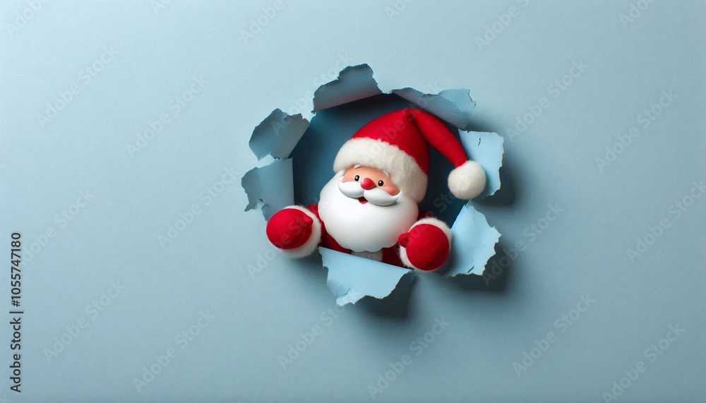 Santa delightedly peeking from torn blue wall