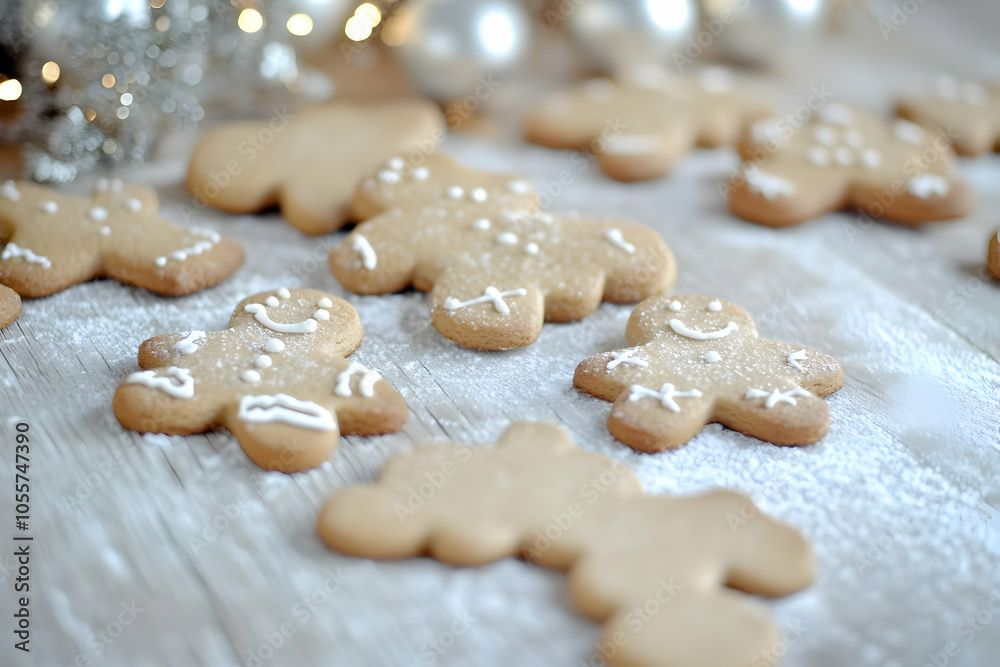 A festive arrangement of gingerbread cookies decorated with icing on a wooden surface. A festive arrangement of gingerbread cookies decorated with icing on a wooden surface.