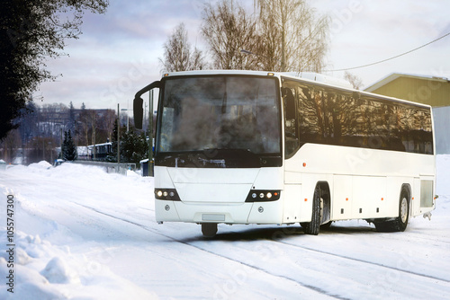 White Bus Travels in Winter Golden Hour photo