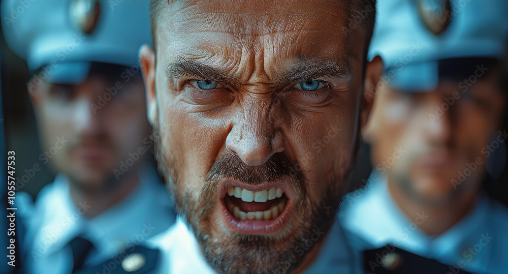Men in security guard uniforms. Happy, angry, frustrated. Men in security guard uniforms. Happy, angry, frustrated.