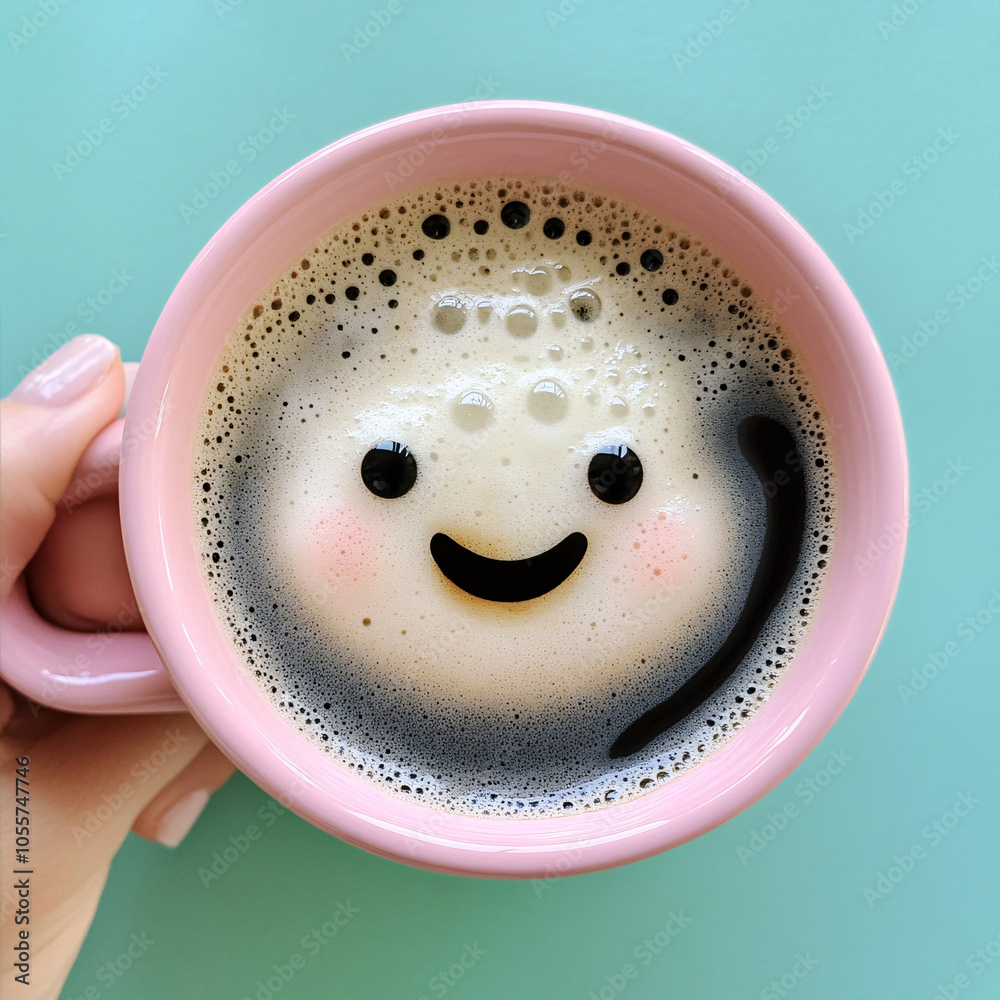 Pink Mug of Black Coffee with Bubble Patterns Creating Facial Expressions on Teal Background for Fun and Playful Design Pink Mug of Black Coffee with Bubble Patterns Creating Facial Expressions on Teal Background for Fun and Playful Design