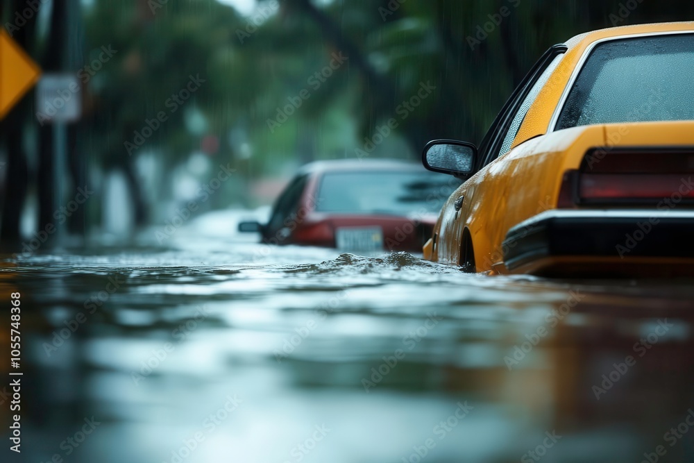 Yellow car partially submerged in floodwaters on a rainy day, urban scene. Yellow car partially submerged in floodwaters on a rainy day, urban scene.