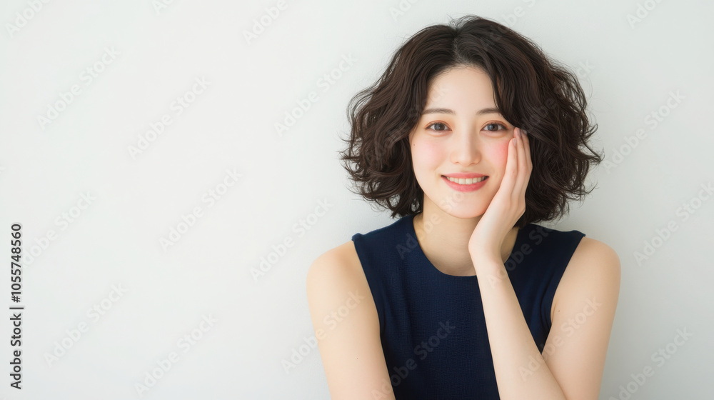 Fototapeta premium A 30-year-old Japanese woman sits smiling on the floor. She is wearing a navy blue tank top and black pants, with a white background.
