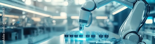 Hightech laboratory environment, closeup of robotic arms handling samples, sterile futuristic lab, bright lighting, clean and precise technology focus
