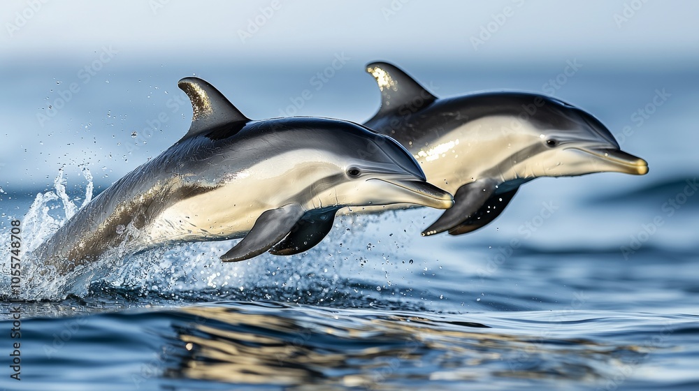 Fototapeta premium Two dolphins leap gracefully from the ocean's surface, creating splashes in a serene aquatic environment.
