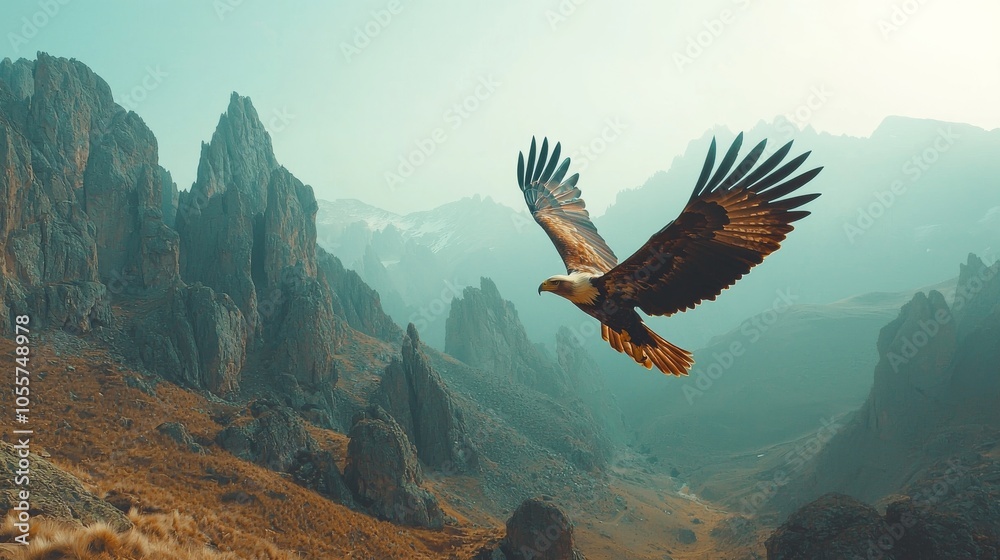 Obraz premium A majestic eagle soars above rugged mountains, showcasing its powerful wings and the stunning natural landscape beneath it.