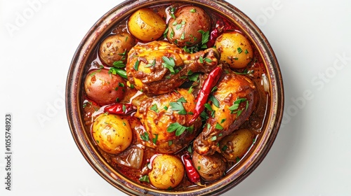 Top View of a Traditional Anatolian Dish Featuring Chicken with Red Chillies and Potatoes in a Rich Brown Sauce, Served in a Bowl and Isolated Against a Clean White Background, Culinary Photography