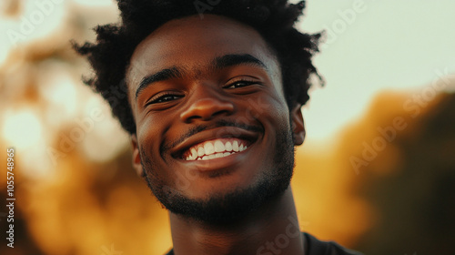 Black person with a radiant smile exudes cheerful vibes