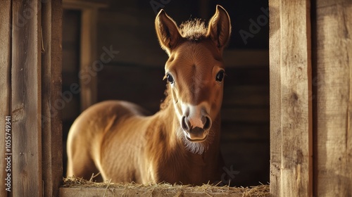 A charming young horse is inside the stable Adorable foal