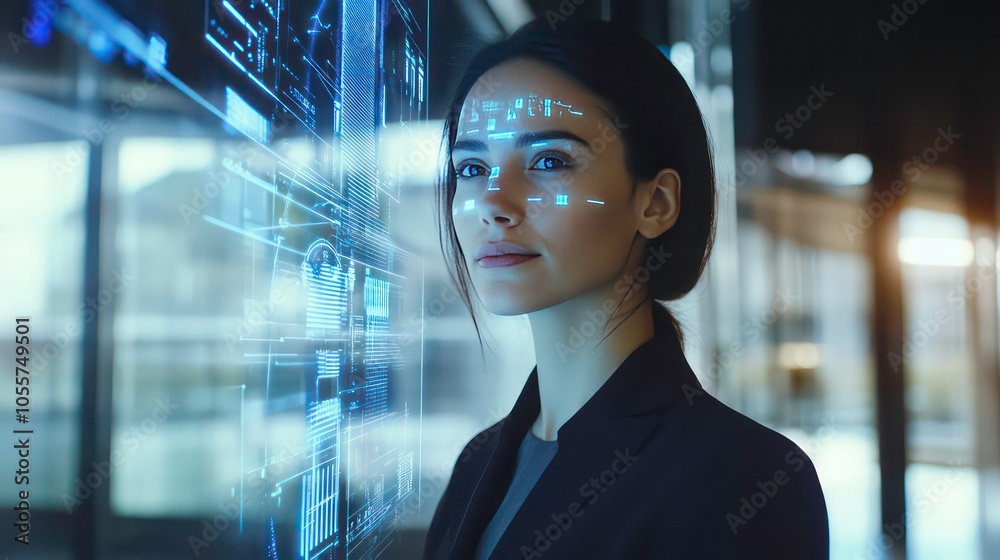 A woman interacts with digital data on a transparent screen in a modern environment. A woman interacts with digital data on a transparent screen in a modern environment.