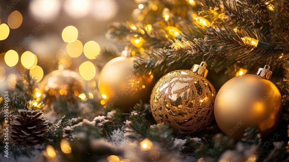 Golden Christmas ornaments on a decorated tree with lights perfect for a festive holiday decoration theme Golden Christmas ornaments on a decorated tree with lights perfect for a festive holiday decoration theme