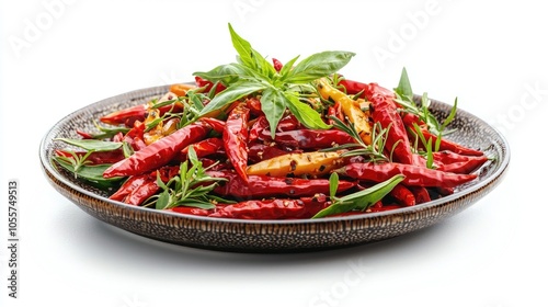 Plate With Chili Peppers And Herbs Spicy Additives Menu Photo On White Isolated Background