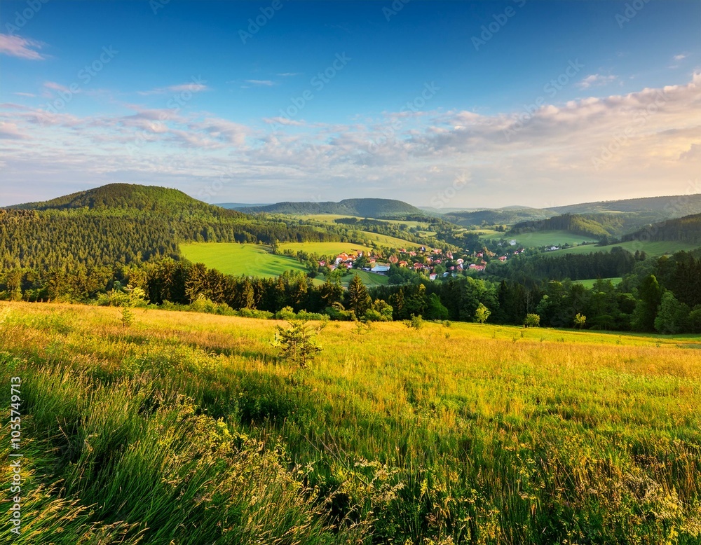 A beautiful green mountainous landscape with many trees under a bright sky A beautiful green mountainous landscape with many trees under a bright sky