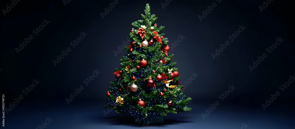 A decorated Christmas tree with ornaments and lights against a dark background. A decorated Christmas tree with ornaments and lights against a dark background.