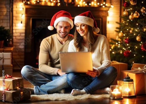 Happy Couple Shopping for Holiday Gifts Online in Festive Room – Christmas Celebration with Laptop