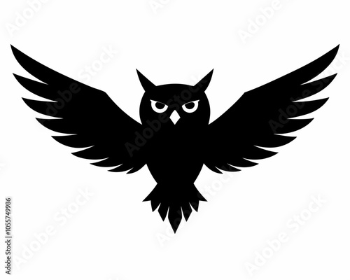 Flying owl vector silhouette black illustration animal with wings spread on white background