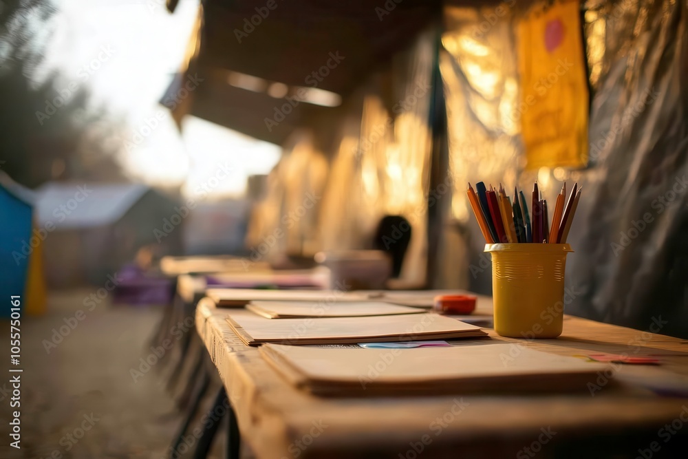 Art supplies on wooden table in an outdoor creative workspace. Art supplies on wooden table in an outdoor creative workspace.