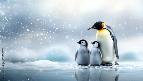 A mother penguin stands protectively over her two fluffy chicks in a snowy, serene landscape.