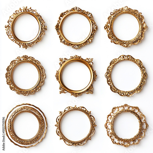 circle and flower shaped gold vintage luxury frames set on white background