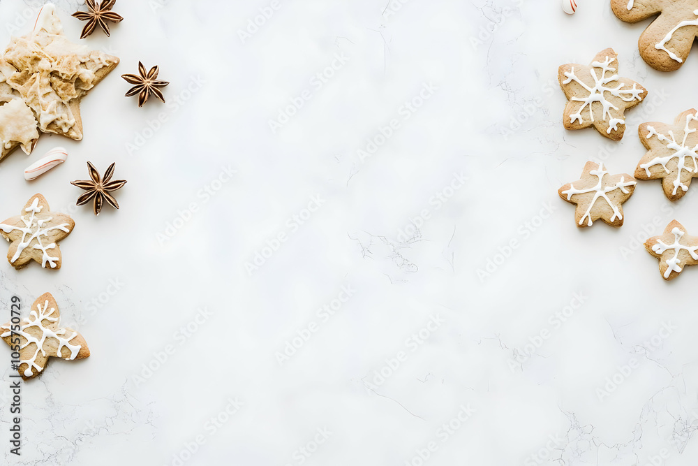 A festive arrangement of gingerbread cookies on a marble surface, perfect for holiday celebrations. A festive arrangement of gingerbread cookies on a marble surface, perfect for holiday celebrations.