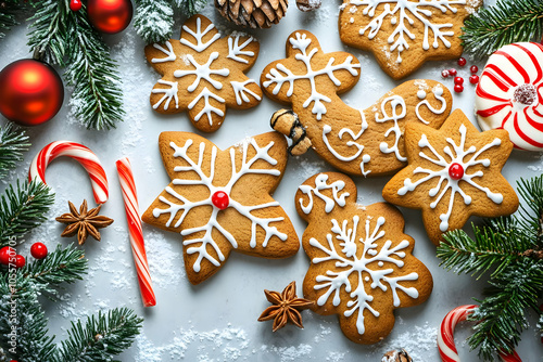 A festive arrangement of decorated gingerbread cookies among holiday decorations.