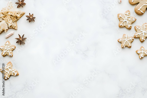 A festive arrangement of gingerbread cookies on a marble surface, perfect for holiday celebrations.