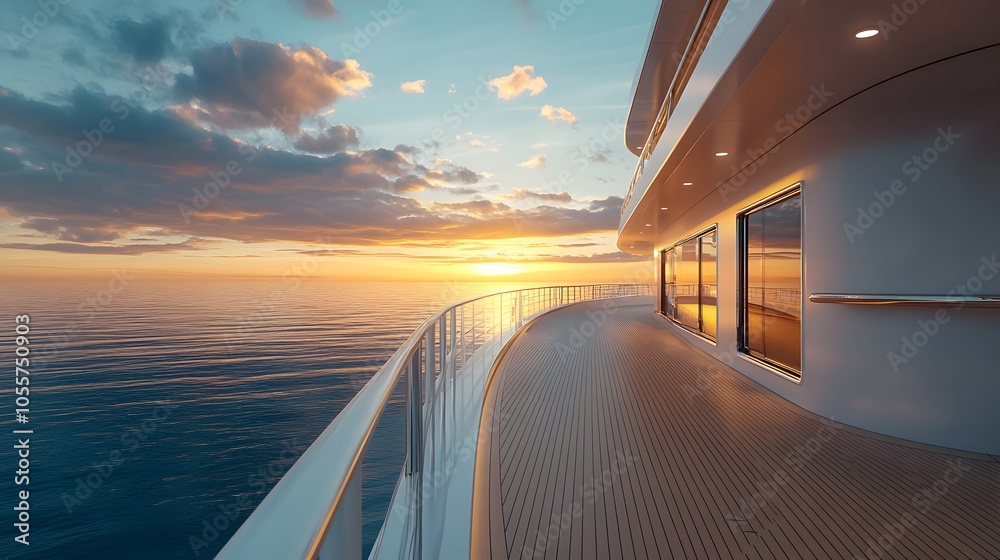 Fototapeta premium Luxury yacht bow deck photographed at sunrise, featuring teak wood flooring, curved white railings, and calm ocean horizon in golden morning light.
