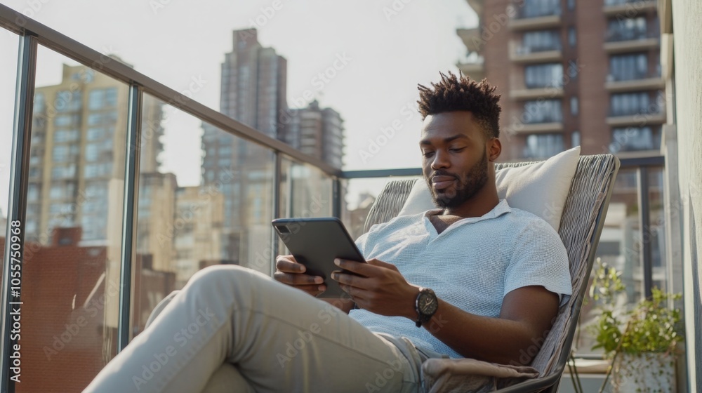 Obraz premium A person sits comfortably on a balcony chair, focusing intently on a tablet. The backdrop features a bustling city skyline, highlighting the urban setting. The atmosphere is vibrant and relaxed.